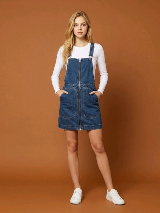 Dickies Denim - Dickies Girl Vintage Y2K Streetwear Full-Zip Denim Overall Pinafore Mini Dress